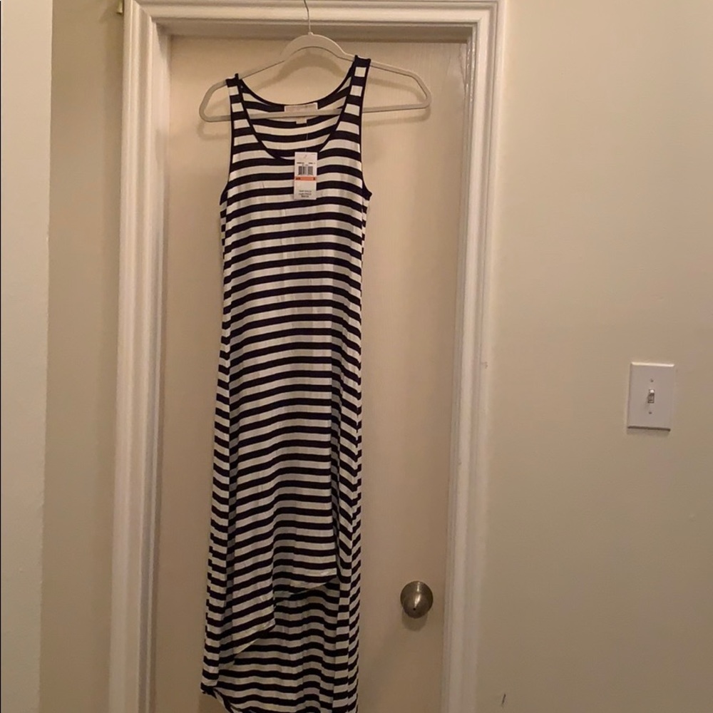 Michael Kors navy/white striped high low dress